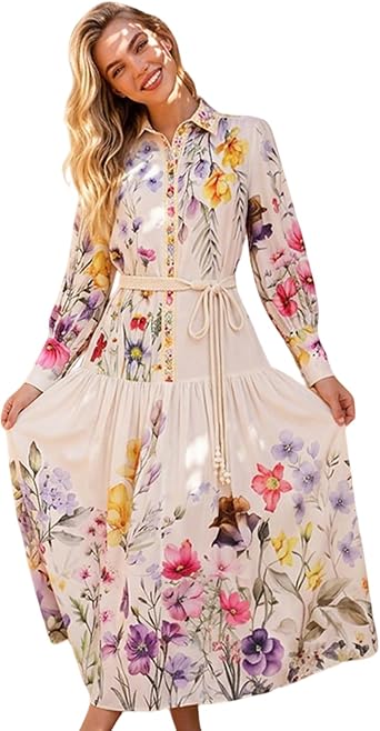 CHICWISH Women Floral Print Puff Sleeve Belt Buttoned Maxi Dress Casual Collared Soft Summer Vacation Beach Long Dress