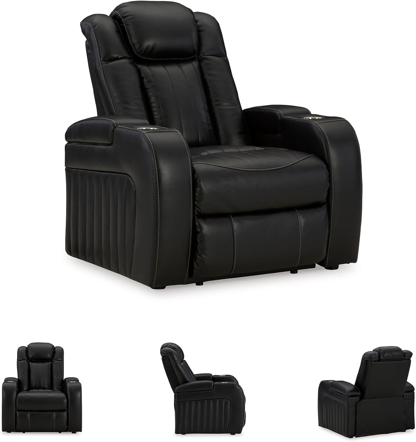 Signature Design by Ashley Caveman Den Modern Faux Leather Wall Hugger Power Recliner with Adjustable Headrest, Storage, Wireless, USB Ports and LED Lights, Black
