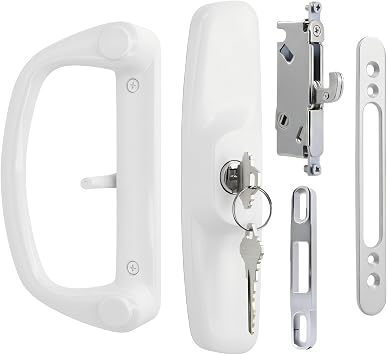 Aluminum Sliding Glass Patio Door Handle Set with Mortise Lock & Keys, Fits 1-1/4" to 2" Thick Doors 3-15/16" Hole Spacing, Adjustable Thumb Latch, Non-Handed, White