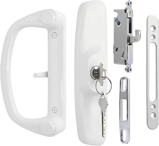 Aluminum Sliding Glass Patio Door Handle Set with Mortise Lock & Keys, Fits 1-1/4" to 2" Thick Doors 3-15/16" Hole Spacing, Adjustable Thumb Latch, Non-Handed, White