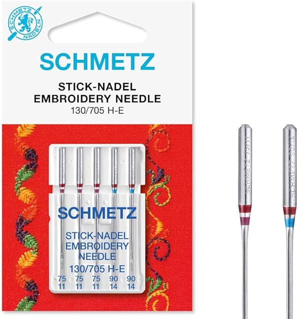 SCHMETZ Domestic Sewing Machine Needles |5 Embroidery Needles | 130/705 H-E | Needle Size: 3x75/11, 2x90/14 | for on All Conventional Household Sewing Machines and Household Embroidery Machines