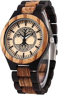 Men's Ebony Quartz Watch, Black Wooden Watch with Wooden Strap for Dad, Casual Wooden Watch Tree of Life Dial for Father's Day, Black