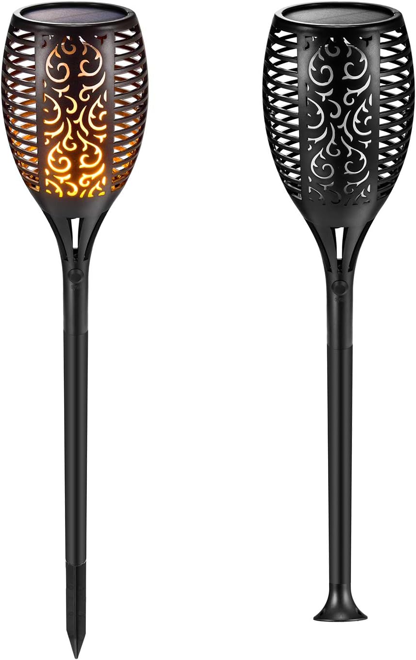 LED Solar Tiki Torches Light, Waterproof Flickering Flame Solar Torch Light - Solid Height Adjustable Deck Light for Outdoor Garden Path Landscape Decoration (Black 2Pack)
