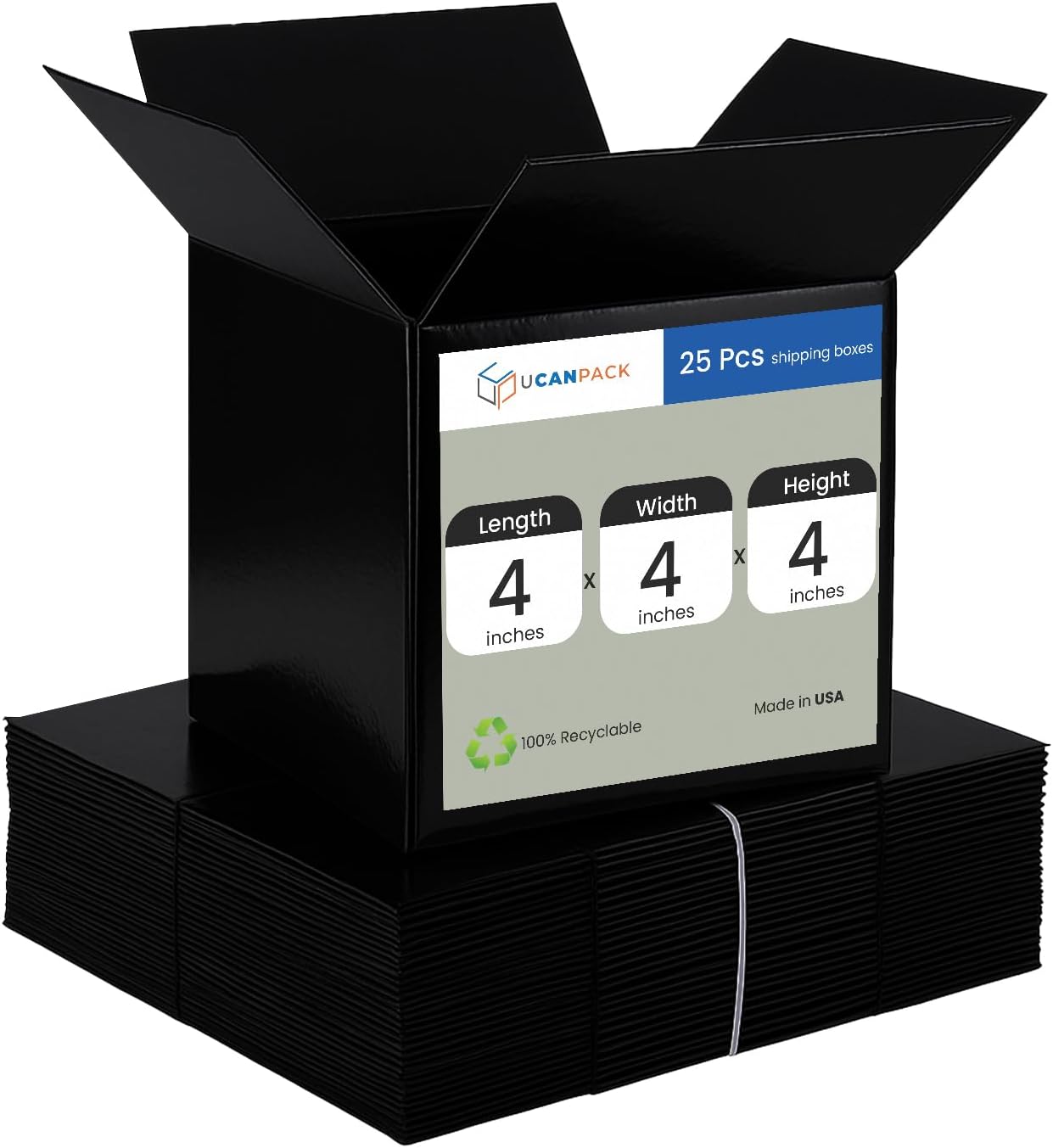 Ucanpack 4x4x4" Shipping Boxes Small, 25 Pcs Packaging Supplies For Moving, Made In USA - Cardboard Carton For Small Business, Corrugated Box (All Black/E Flute)