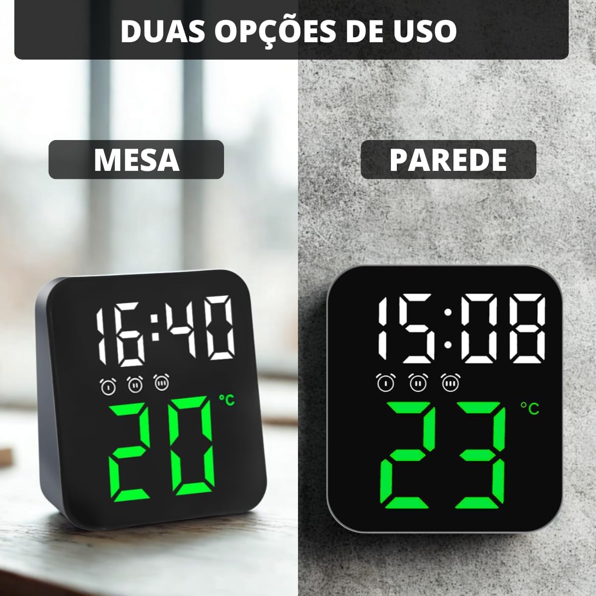 Relógio Digital - Ideal para Mesa e Parede - Display de Led com Luz Noturna, Exibe Temperatura, Função de Despertador, Carregável via USB ou Pilha