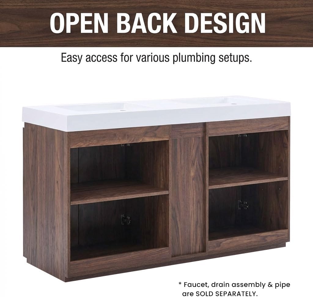 60" Double Bathroom Vanity with Sink Combo, Mid Century Modern Bathroom Cabinet with Doors & Shelves, Glossy White Integrated Sink with Overflow, Walnut