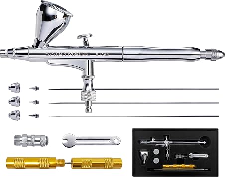 Airbrush Kit, Dual-Action Airbrush Gun with 0.2/0.3/0.5mm Needle Nozzel Sets and Gravity Feed Fluid Cup, Air Brush Gun for Nail Paint Makeup Barber Cake Decorating Model Car Tattoo Silver