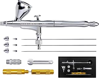 SprayMagic Airbrush Kit, Dual-Action Airbrush Gun with 0.2/0.3/0.5mm Needle Nozzel Sets and Gravity Feed Fluid Cup, Air Brush Gun for Nail Paint Makeup Barber Cake Decorating Model Car Tattoo Silver