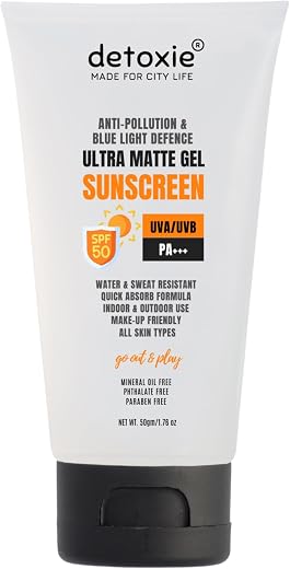 Detoxie Ultra Matte Sunscreen Gel Sunscreen SPF 50 PA++++ | UVA/B &amp; Blue Light Protection for Men &amp; Women, Matte Finish, D...