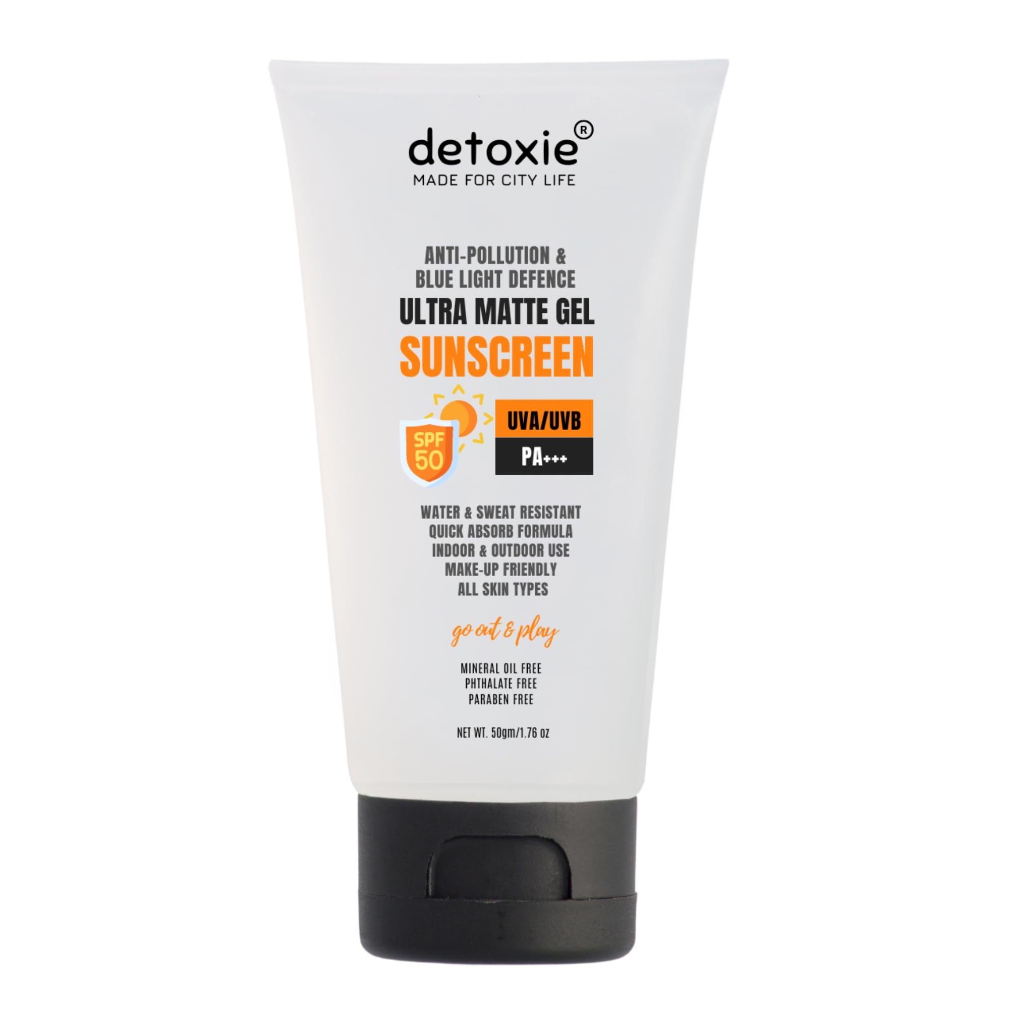 Detoxie Ultra Matte Sunscreen Gel Sunscreen SPF 50 PA++++ | UVA/B & Blue Light Protection for Men & Women, Matte Finish, Dry Tint, For All Skin Types, Water & Sweat Resistant With Spf 50 Pa+++ | No White Cast, Non-Greasy & Non-Comedogenic | 50g