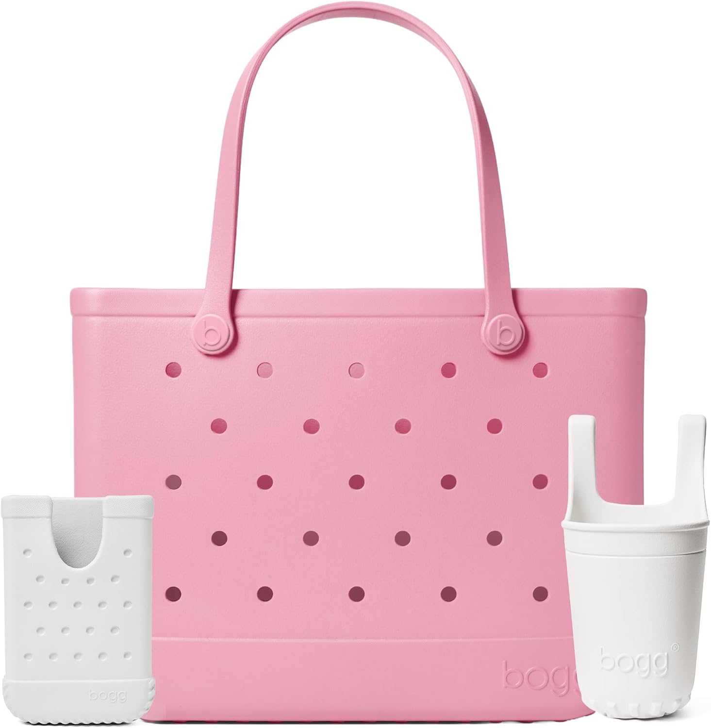 BOGG BAG Original, Large Tote (Blowing Pink Bubbles) + Bevy Beverage Holder & Call Me Phone Holder (For Shore White) – Durable, Washable, Tip-proof – Beach, Pool, Boat, Work, Sports