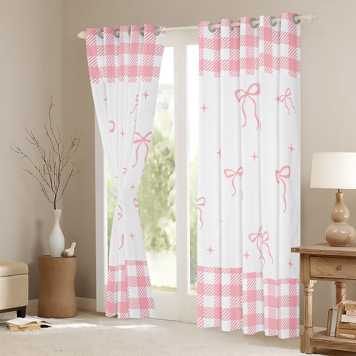 Homemissing White Pink Bowknot Curtains(2 Panels,W46*L72) For Kids Girls Teens Bedroom Plaid Bow Ribbon 30%-50% Darkening Blackout Window Curtains Cute Bow Window Treatments - Image 3