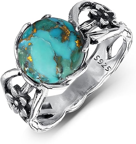 Round Turquoise Rings for Women 925 Sterling Silver Vine Design Band Boho Statement Ring Floral Vintage Antique Jewelry