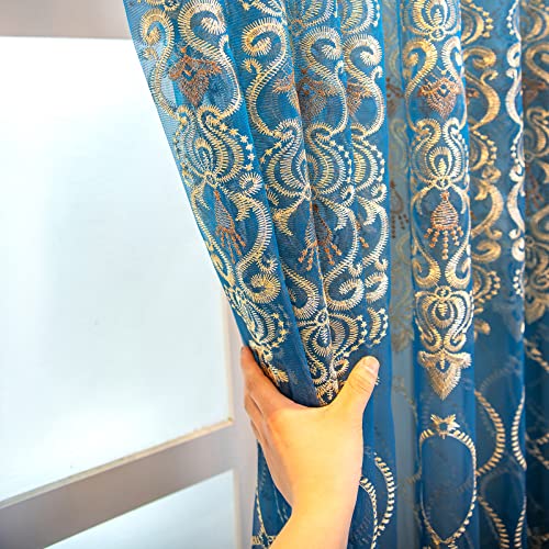 Elkca Peacock Blue Sheer Curtains With Circle Embroidered For Living Room Luxury Tulle Curtains For Bedroom,52Inch By 96Inch,Grommet Top,2 Panels #TOP2
