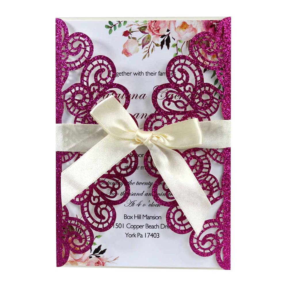 Set di 25 biglietti di invito per matrimonio, taglio laser, motivo floreale di pavone, in pizzo, biglietti di invito, eleganti biglietti di auguri, buste e fiocco, per matrimonio, anniversario di