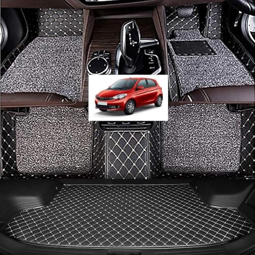 Image of Vahan Expo Premium 7D Car Mat Full Set for Tiago with Boot Mat || Luxury Double-Stich 7D Car Floor Mat Complete Set || 100% Waterproof and Washable || Black