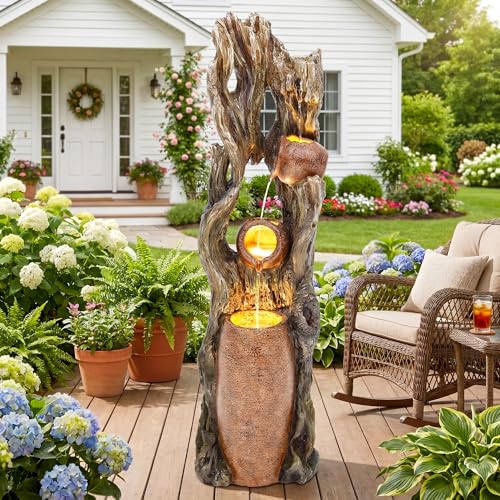 AUTODAYA 42.7" 3-Tier Cascading Outdoor Fountain LED Tree Trunk Waterfall by AUTO DAYA - Used condition - US$180.00