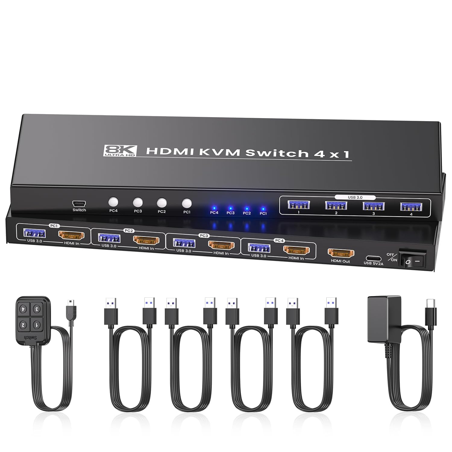 HDMI KVM Switch 1 Monitor 4 Computers, 4-Port USB 3.0 HDMI KVM Switch with 8K@60Hz 4K@120Hz Support, Designed for 4 PCs to Share 1 Set of Keyboard, Mouse and Monitor