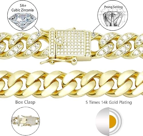 NOBYLO 12mm Mens Womens Iced Out Cuban Link Chain Choker 14k/White Real Gold Plated 5A+ Cubic Zirconia Diamond Cuban Neckalce/Bracelet Hip Hip Jewelry For Men (20 inches) — view 2