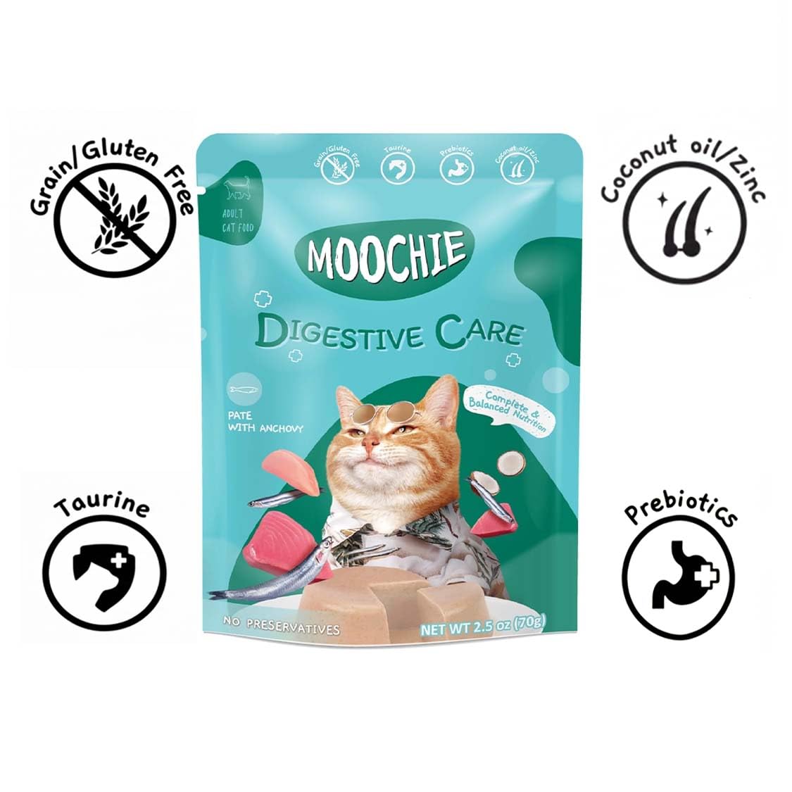 Moochie Cat Wet Food Digestive Care (85g x 6 Pouches)| Pate with Anchovy | Cat Probiotics and Digestive Enzymes Food | Health Supplement for Better Immune System.