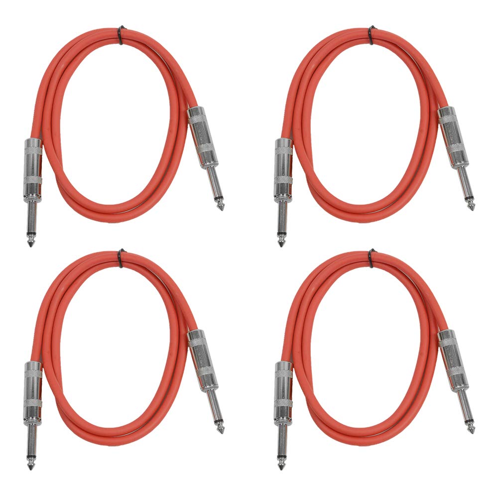 Seismic Audio - SASTSX-2-4 Pack of 2' 1/4" TS to 1/4" TS Patch Cables - Unbalanced - 2 Foot Patch Cord - Red and Red