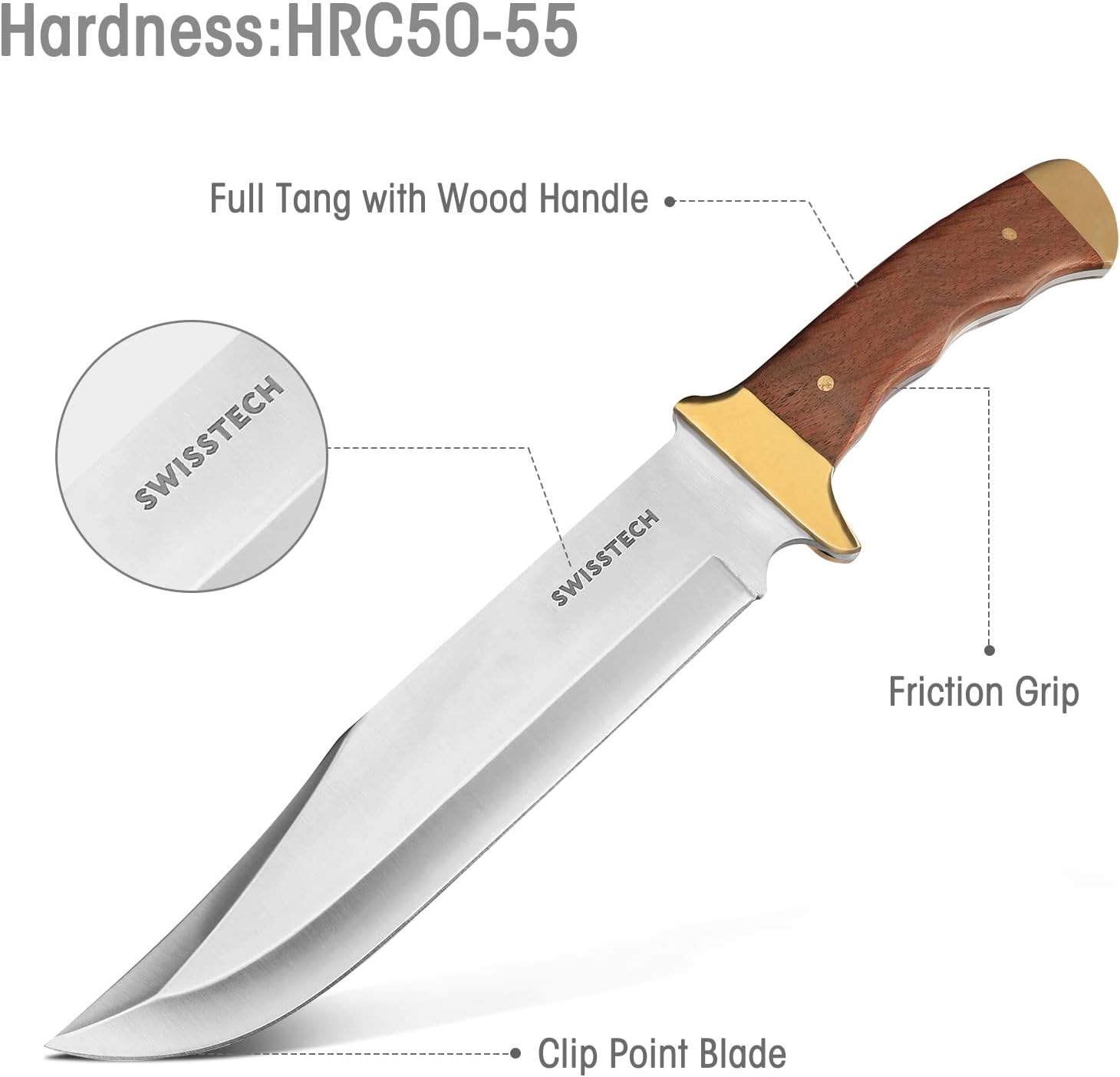 Swiss+Tech 14-inch Bowie Knife,Full-Tang Fixed Blade Wood Handle Knife with Leather Sheath