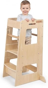 KiddyMoon Toddler Learning Tower, Montessori Kitchen Step Stool, Height Adjustable 3 Levels, Safety Rail, Natural