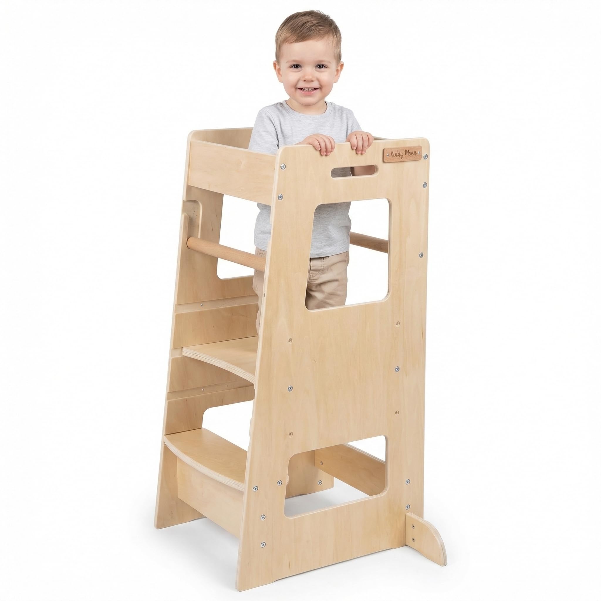 KiddyMoon Torre De Aprendizaje Montessori para Niños, Altura Ajustable (3 Niveles), Antivuelco, Barra De Seguridad, Natural