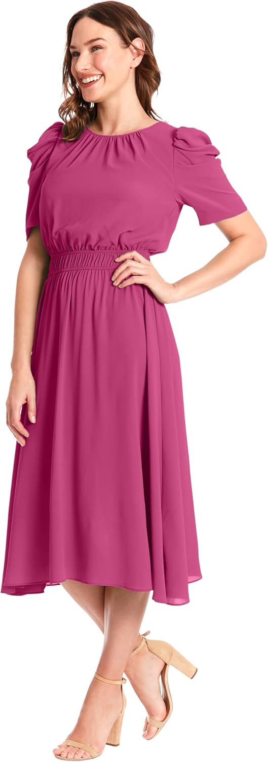 London Times Women's Caterpillar Puff Sleeve Midi Dress - Gathered Waist A-Line Flowy Summer Dress - Image 2