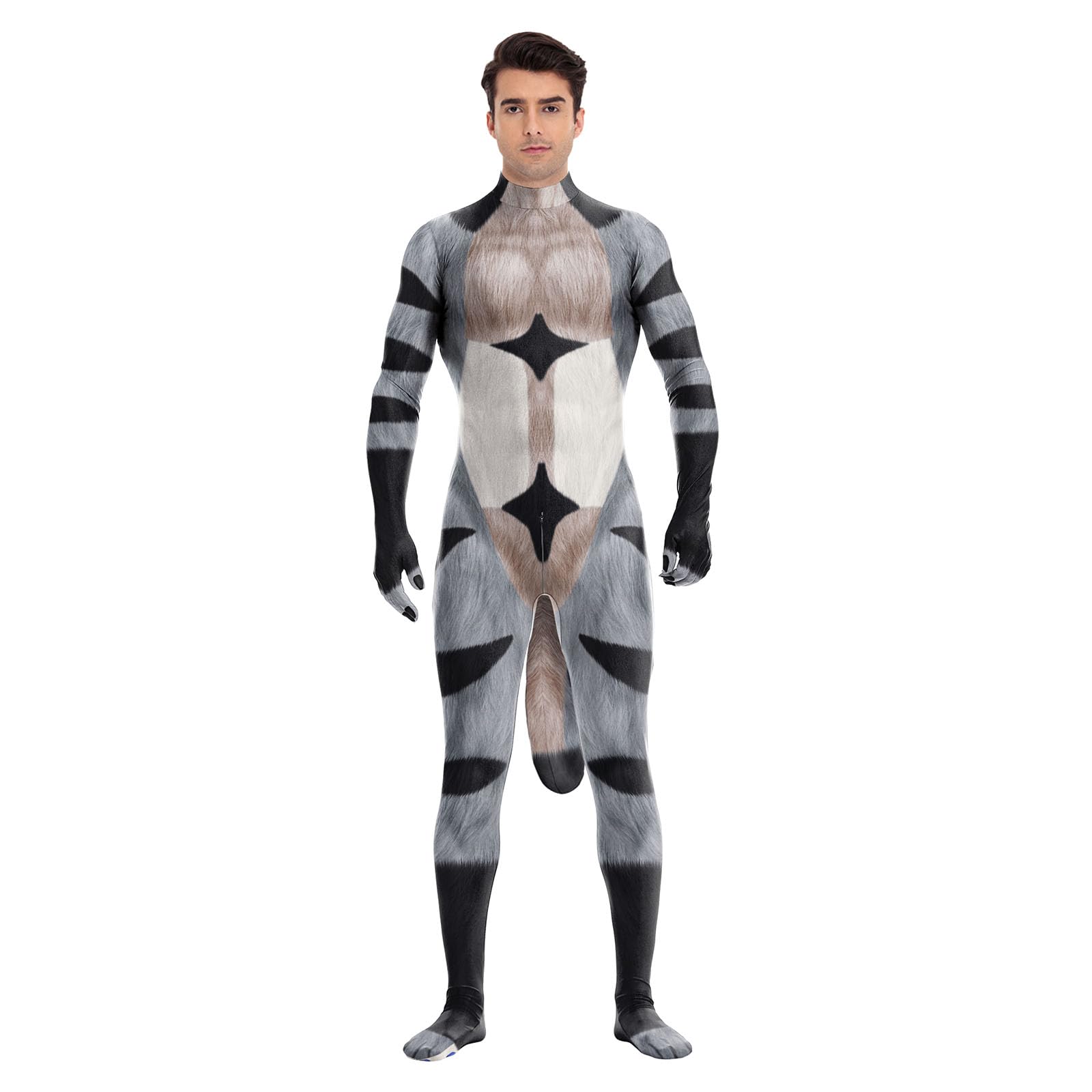 Animal Full Bodysuit for Men Muscle Spandex Jumpsuit Furry Costume with Big Tail for Adult Cosplay Halloween Party