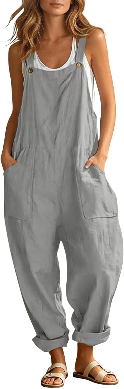 Women's Summer Cotton Chic and Flowy Jumpsuit Long Baggy Adjustable Straps Sleeveless Solid Color Breathable Loose Fit Trousers Comfortable Pockets Casual Jumpsuit Loose Beach Jumpsuit