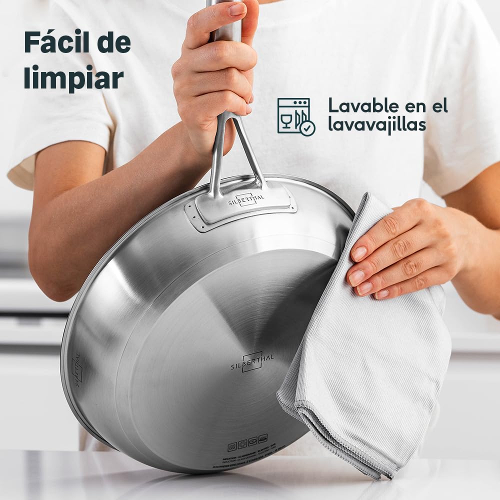SILBERTHAL Sartenes Acero Inoxidable 20 24 28 cm Sin Antiadherente 18/10 | Gas, horno y vitrocerámica hasta 400°C, triple fondo para calor uniforme, sin PFOA y PFOS, para una cocina sana, apta