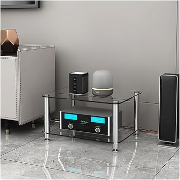 Stand Tempered Glass Av Component Media Stand Multi-Layer Amplifier Rack Audio-Video Shelving Modern Stereo Cabinet Receiver Console Shelf for Home Living Room,Clear-2 Tier