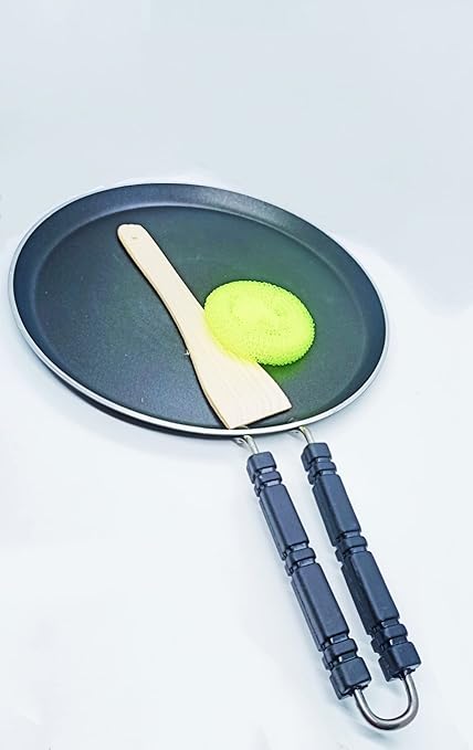 NURAT Induction and Gas Compatible Base Non-Stick Flat Tawa, 280 mm, Silver Grey