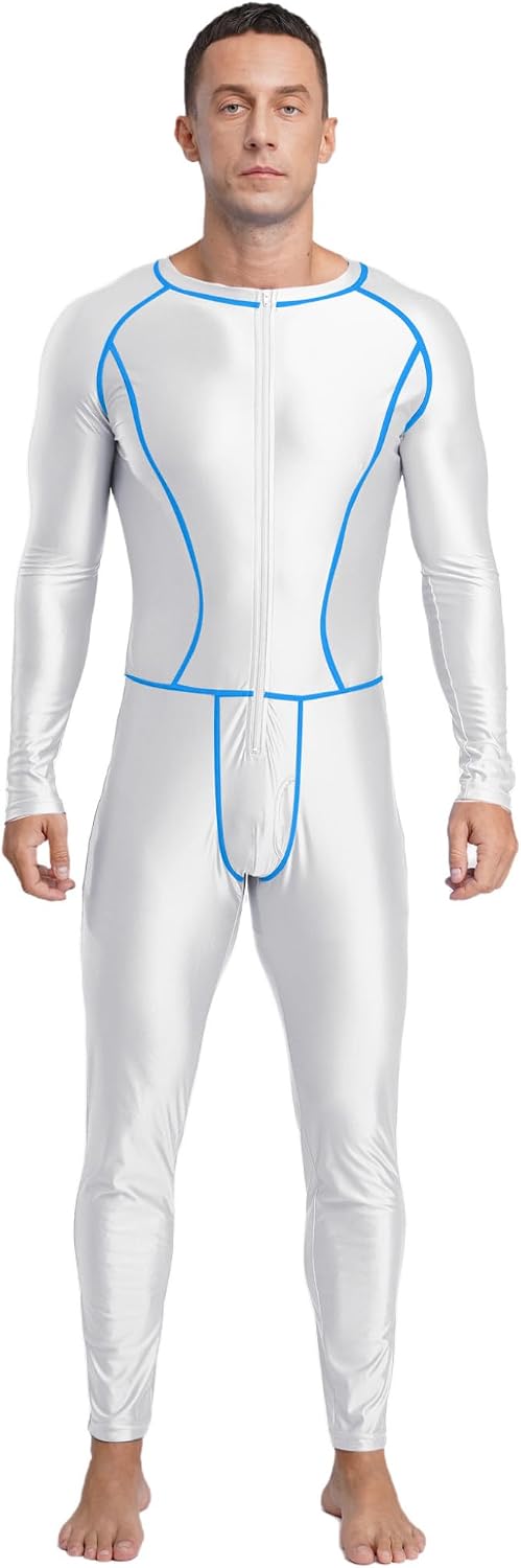 Mens Active Base Layers Full Bodysuit Zentai Suit Glossy Silky Tights Zipper Front Jumpsuit