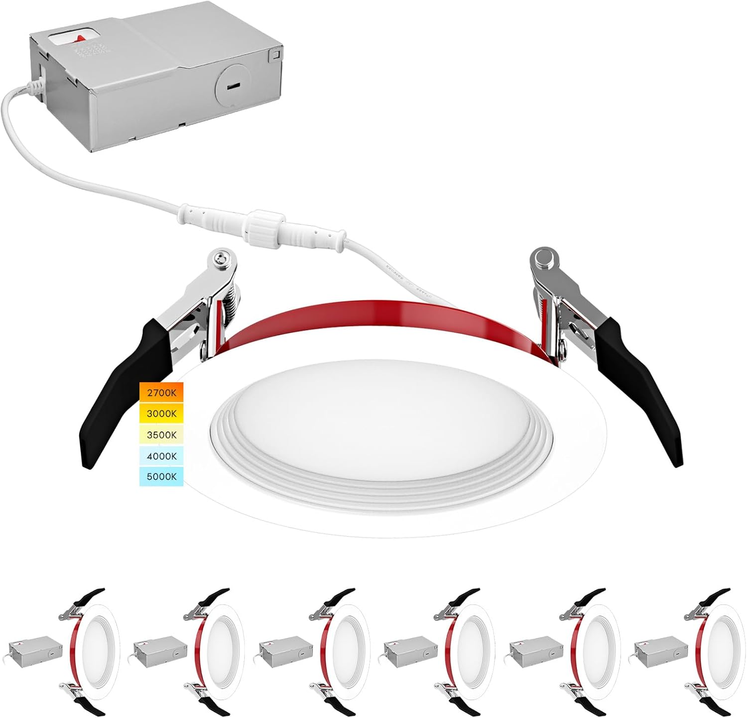 LUXRITE 6-Pack 4 Inch Ultra Thin LED Fire Rated Recessed Lights, 5CCT 2700K/3000K/3500K/4000K/5000K, 2 Hour Fire Rating, 800LM, Dimmable Wafer Lights, Baffle, IC & Wet Rated, UL, No Tenmat Needed