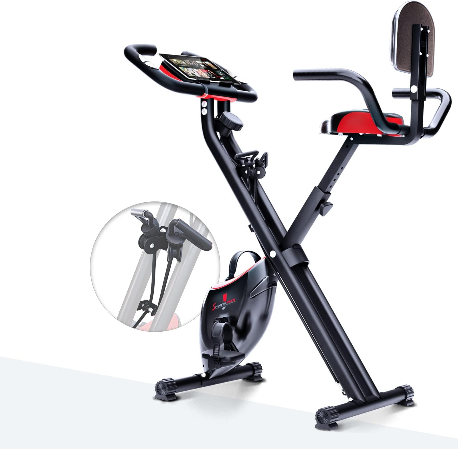 Sportstech F-Bike X100 Fitnessbike - X Bike - Home Trainer - patented resistance band system - Hand pulse sensors - Ergometer - exercise bike with tablet holder - Foldable Fitness Indoor bike