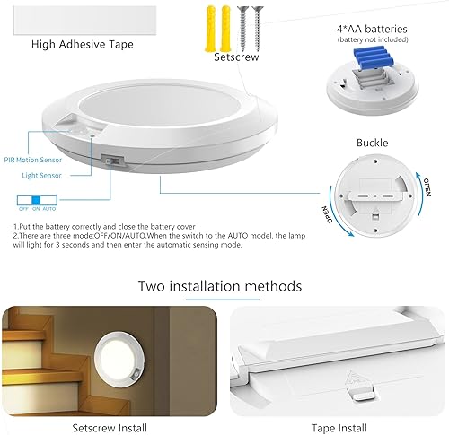 Miniatura 5 de Luz con sensor de movimiento para interiores, paquete de 2, 6.3 pulgadas, 6000 K, luz blanca diurna, funciona con pilas, fácil instalación para