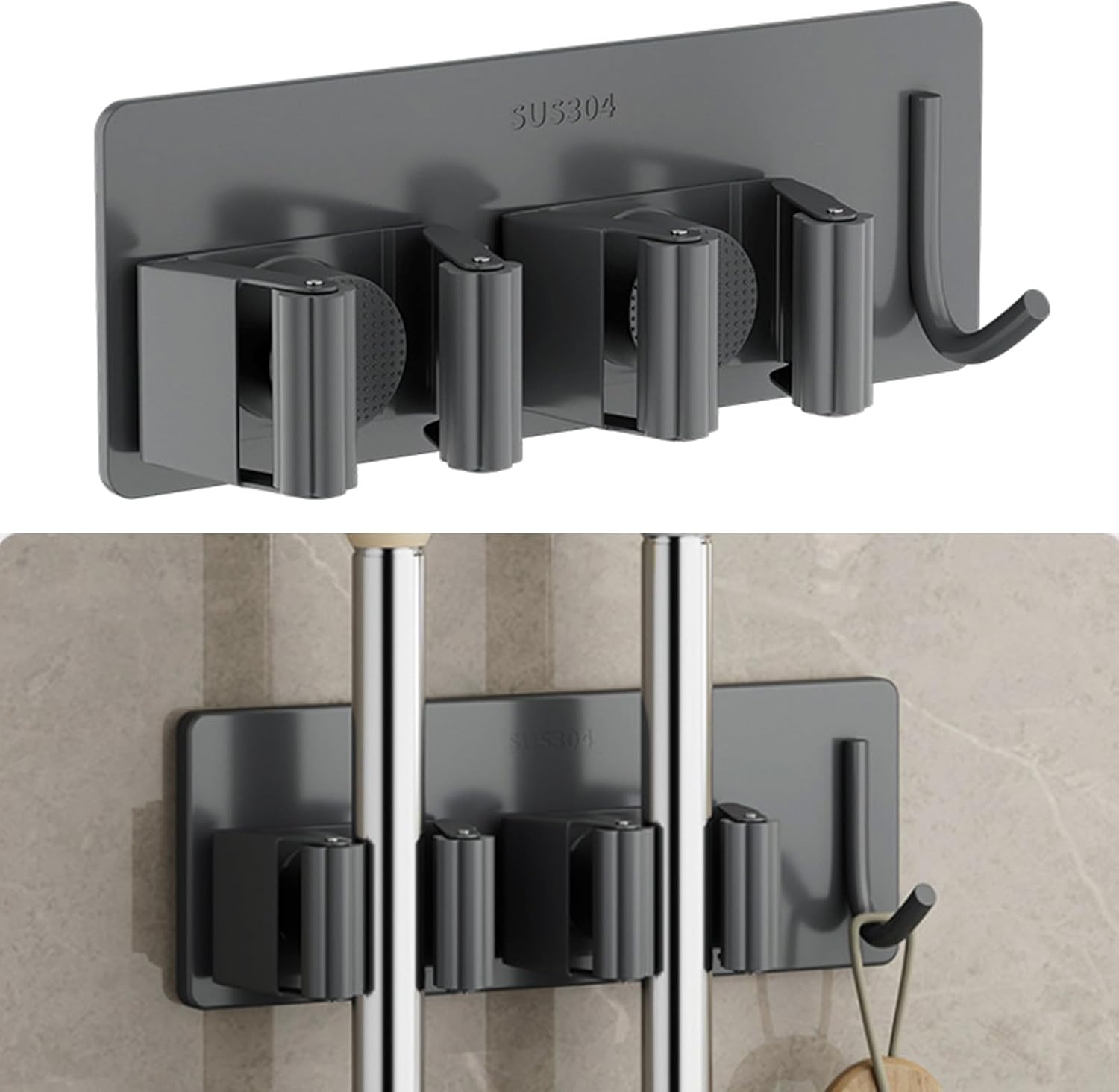 Wall Mounted Mop Holder Stainless Steel Mop and Broom Holder Self Free Brush Holder with Hanger Hook Kitchen Tool Mop Hanger Hook Adjustable Mop Holder Stainless Steel Hooks image 5