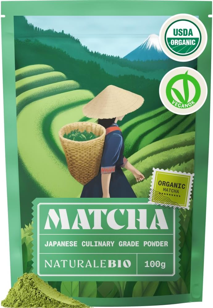 NaturaleBio Japanese Organic Matcha Green Tea Powder - Culinary Grade - 100 gr. Tea Produced in Japan, Uji, Kyoto. Use for Cooking, Baking, Smoothie Making and with Milk. Vegan & Vegetarian Friendly