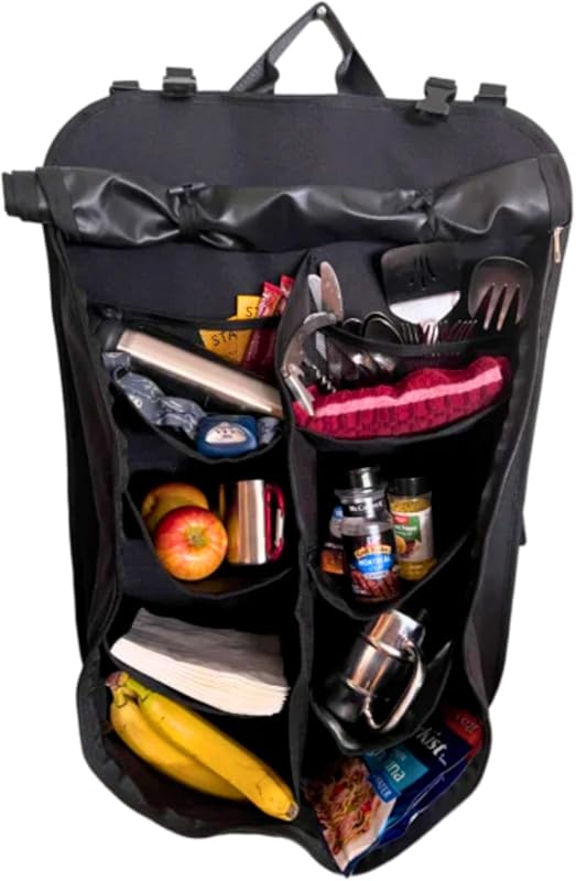 Tire Table Camp Organizer Hanging Storage Bag | Has 8 Pockets and Hangs Up | WaterProof Coating | Folds in Half for Compact Storage | Holds All Campsite Basics