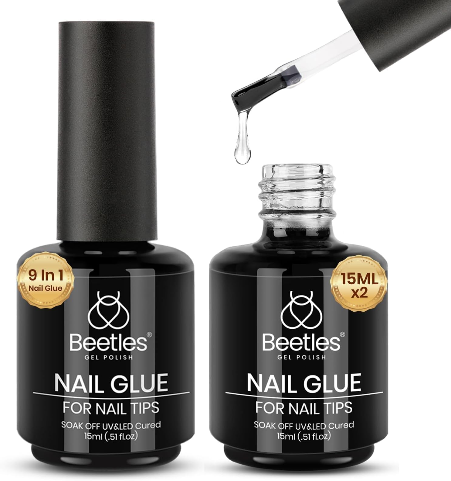 beetles Gel Polish 9 In 1 Gel Nail Glue for Clear Acrylic Nail Tips 2 Pcs 15ml Long Lasting Nail Gel Kit for False Nails Tips, Base Blooming Nail Gel, Spring Nail Art, U V Light Required