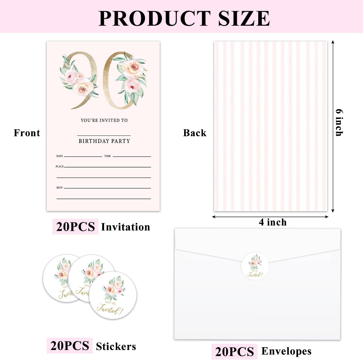90th Rose Floral Birthday Party Invitations for Woman, 90 Years Old Invites Cards with Envelopes and Sticker (20 Pack), Party Decorations Supplies -23