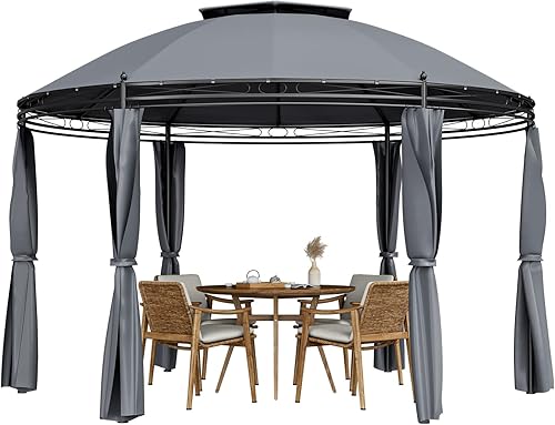 Miniatura 9 de Tangkula Gazebo redondo para patio de 11.5 x 11.5 pies, gazebo de cúpula de 2 niveles con cortinas laterales extraíbles, marco de acero resistente,