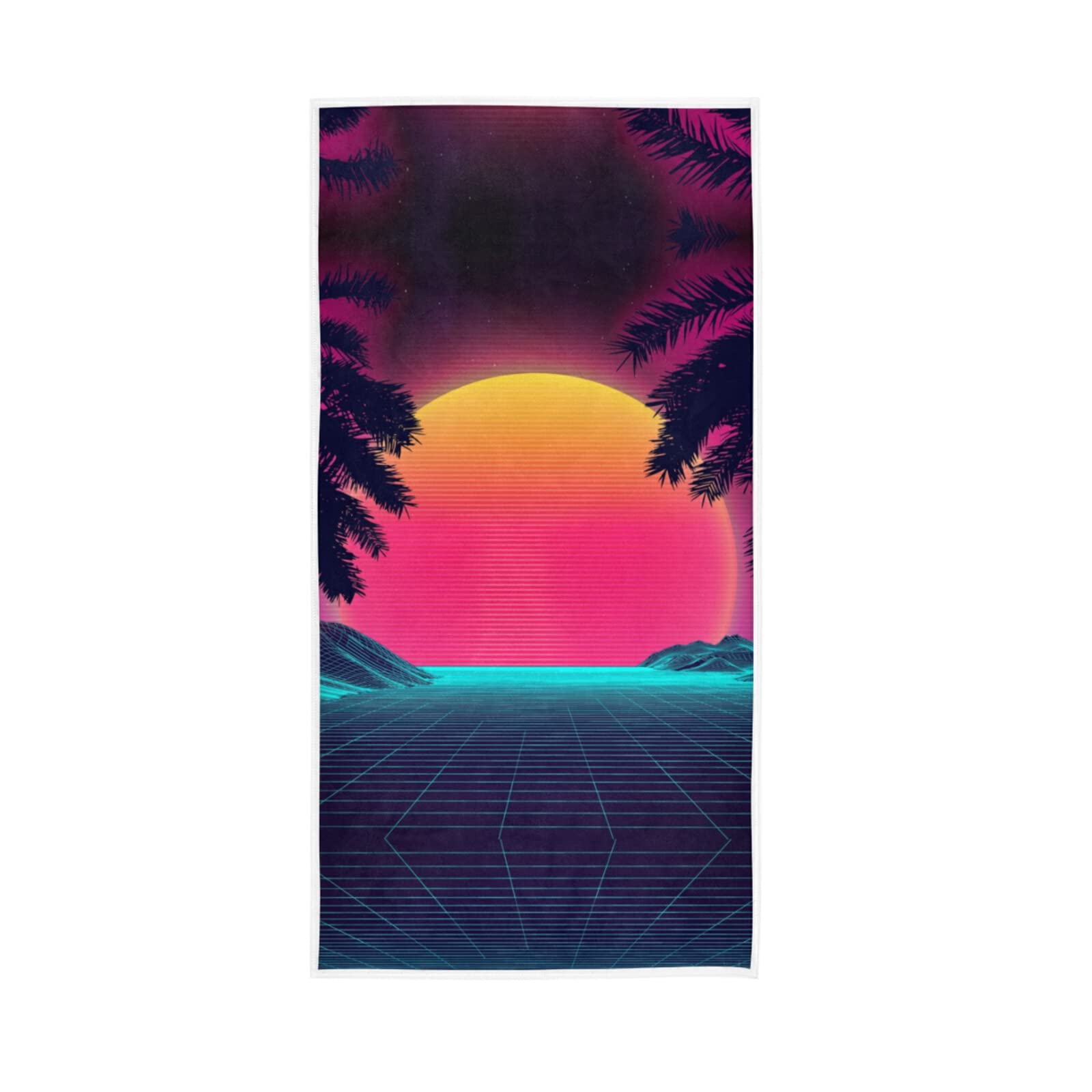 LSRCPD Rainbow 3D Sunset on The Beach Retro Palms 80s in Purple Turquoise Soft Hand Bath Towel 30" x 15" Thin Fast Drying Absorbent Soft Towels for Kitchen Gym Spa Hotel Beach