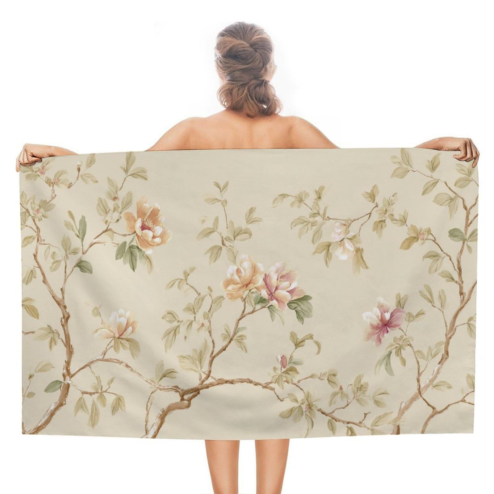 LSRCPD Peach Peonies Sage And Olive Leaves Beach Towel Sand Free Microfiber Large Shower Towels Multipurpose Absorbent for Bathroom Pool 130x80 CM