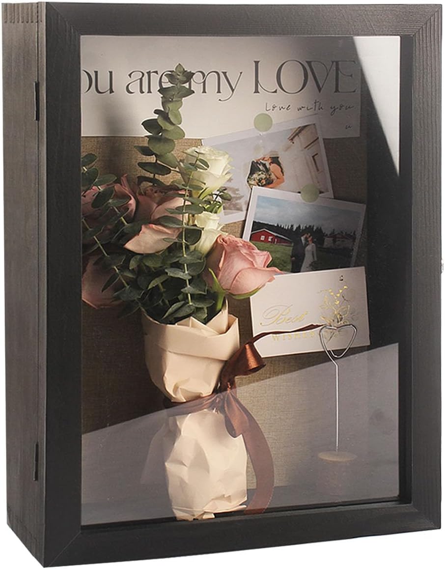 12”x17” Large Shadow Box Frame Depth 5in Extra Deep Shadow Boxes Wall Mounted Display Cases Hinged Door with Lock for Flowers Wedding Bouquet Pictures Photos Medals and Keepsake (Black)