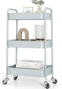 TOOLF 3 Tier Metal Rolling Cart, Utility Storage Cart with Wheels, Green | Screwless Assembly, Lockable Metal Wheels, Trolley Organizer for Bathroom, Kitchen, Office, Dorm, Laundry, Craft Room