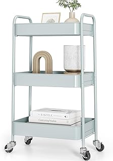 TOOLF 3-Tier Rolling Cart, Metal Utility Cart with Lockable Wheels, Storage Craft Art Cart Trolley Organizer Serving Cart Easy Assembly for Office, Bathroom, Kitchen, Kids' Room, Classroom (Green)