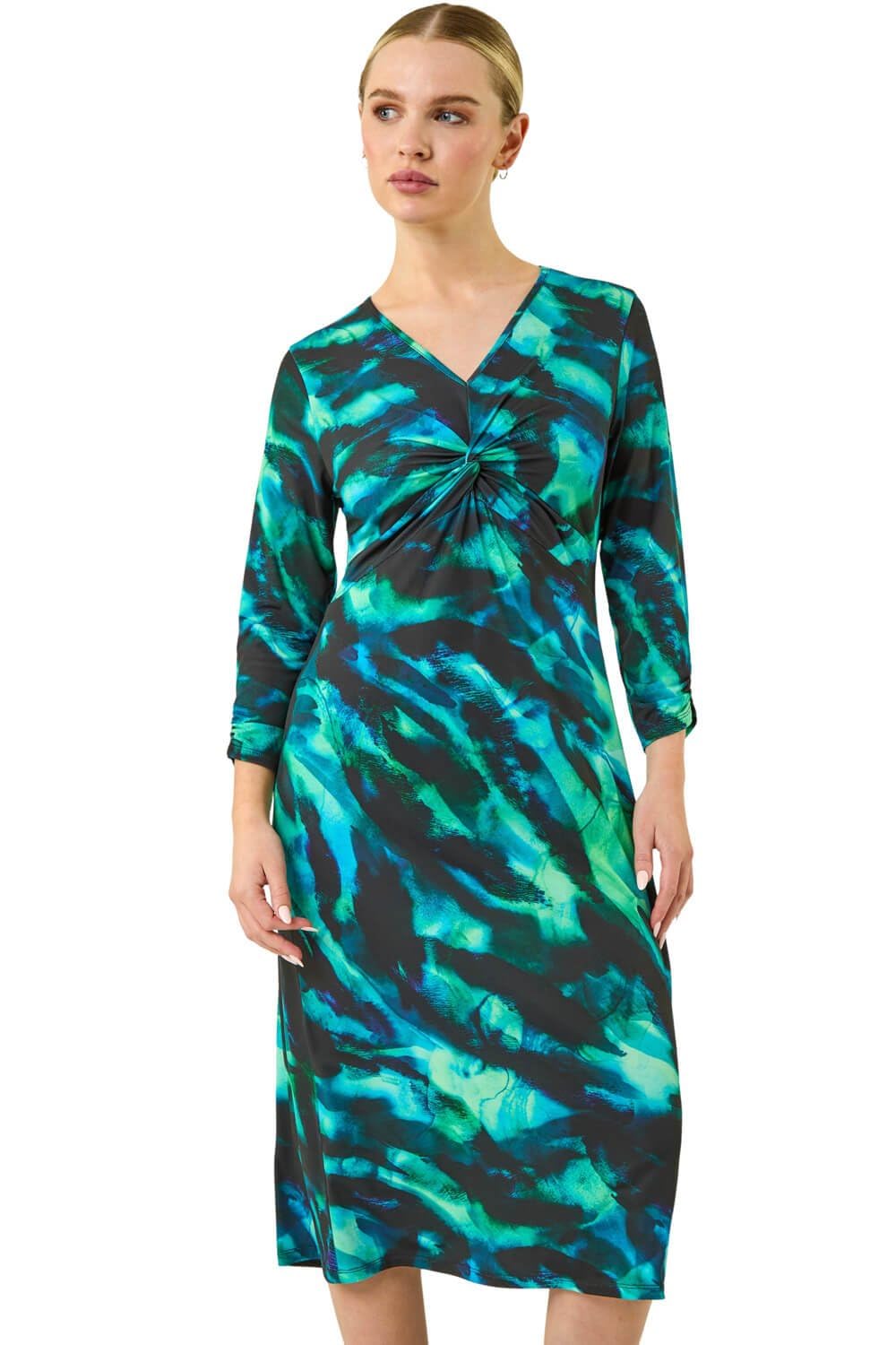 Roman Fit and Flare Dress for Women Ladies Chest Twist Knot Ruched Tea Skater Empire Waist Wedding Guest Smart Casual Swing Midi 3/4 Long Sleeve Knee Length - Petite Green Abstract - Size 14
